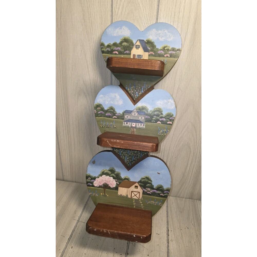 Vintage Handpainted Wood Triple Heart Shelf Country Cottage Scene Beautiful